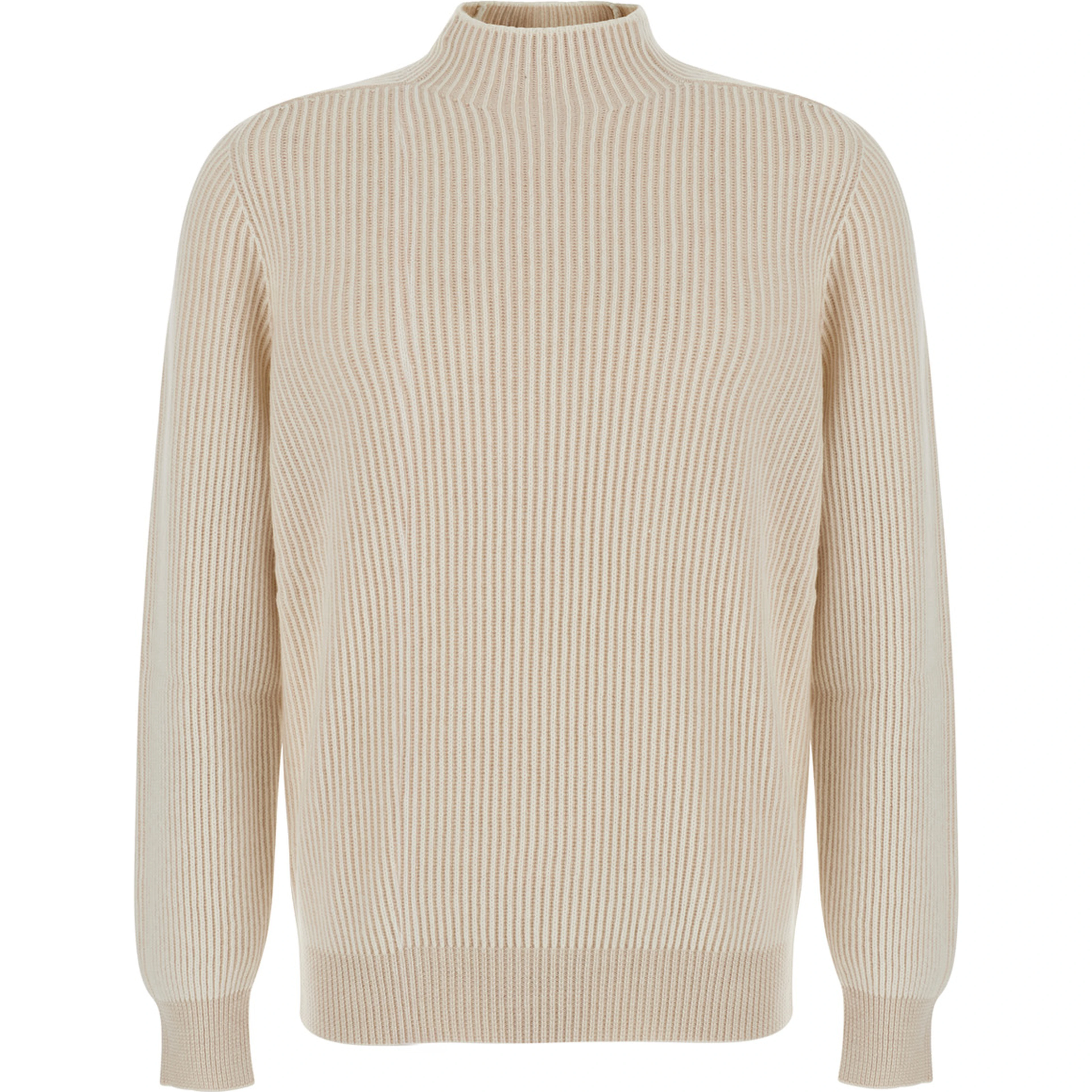 Beige sweater with ribbed design and high collar in cashmere for men