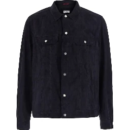 Blue Jacket with classic collar and front pockets in suede for men