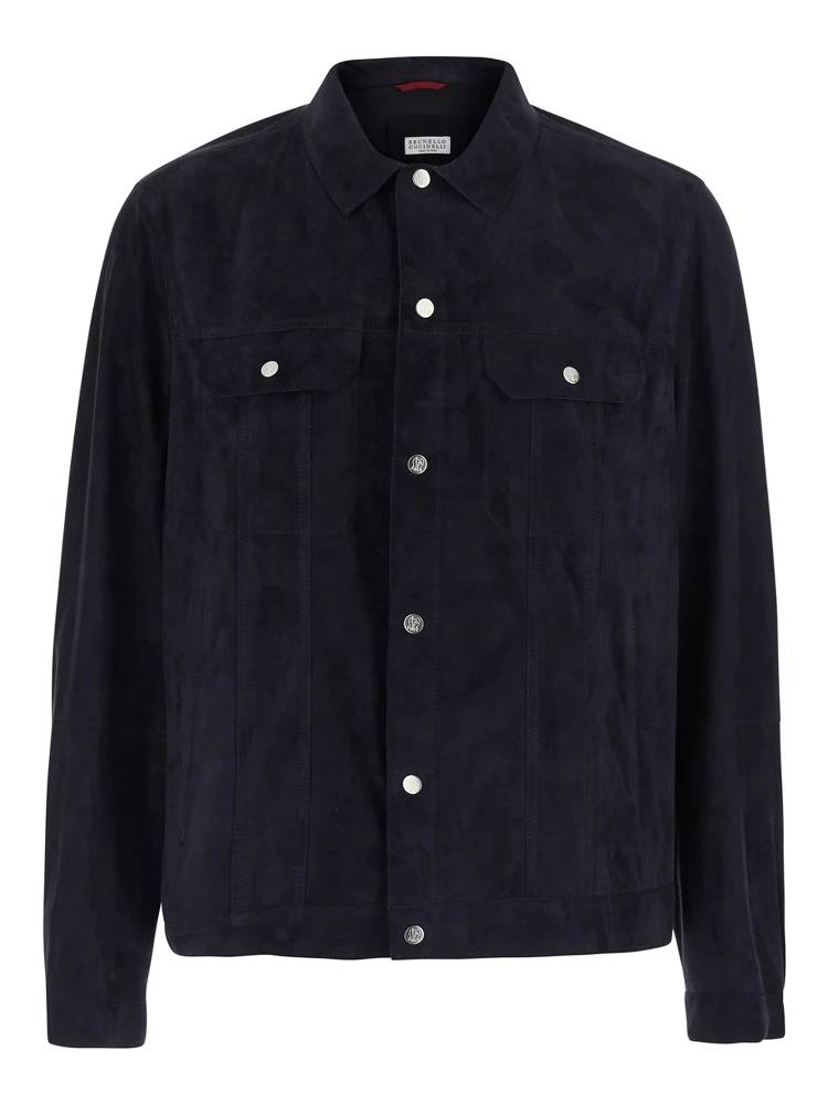 Blue Jacket with classic collar and front pockets in suede for men