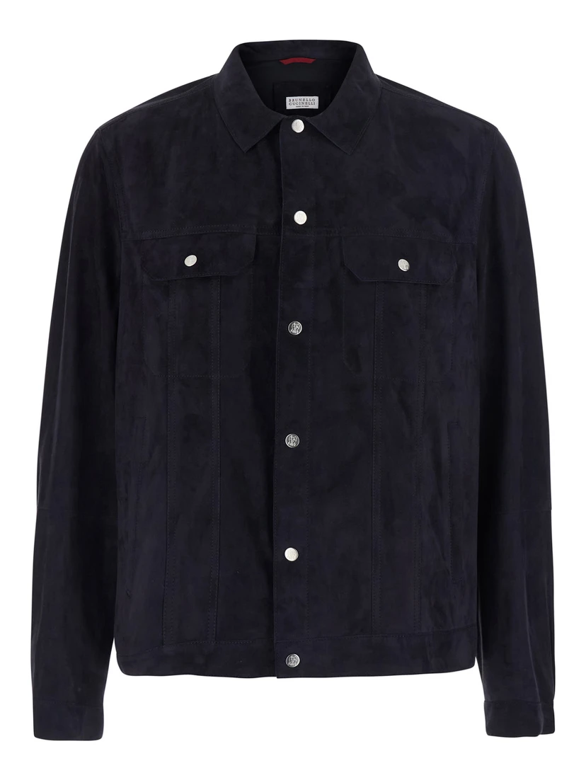 Blue Jacket with classic collar and front pockets in suede for men