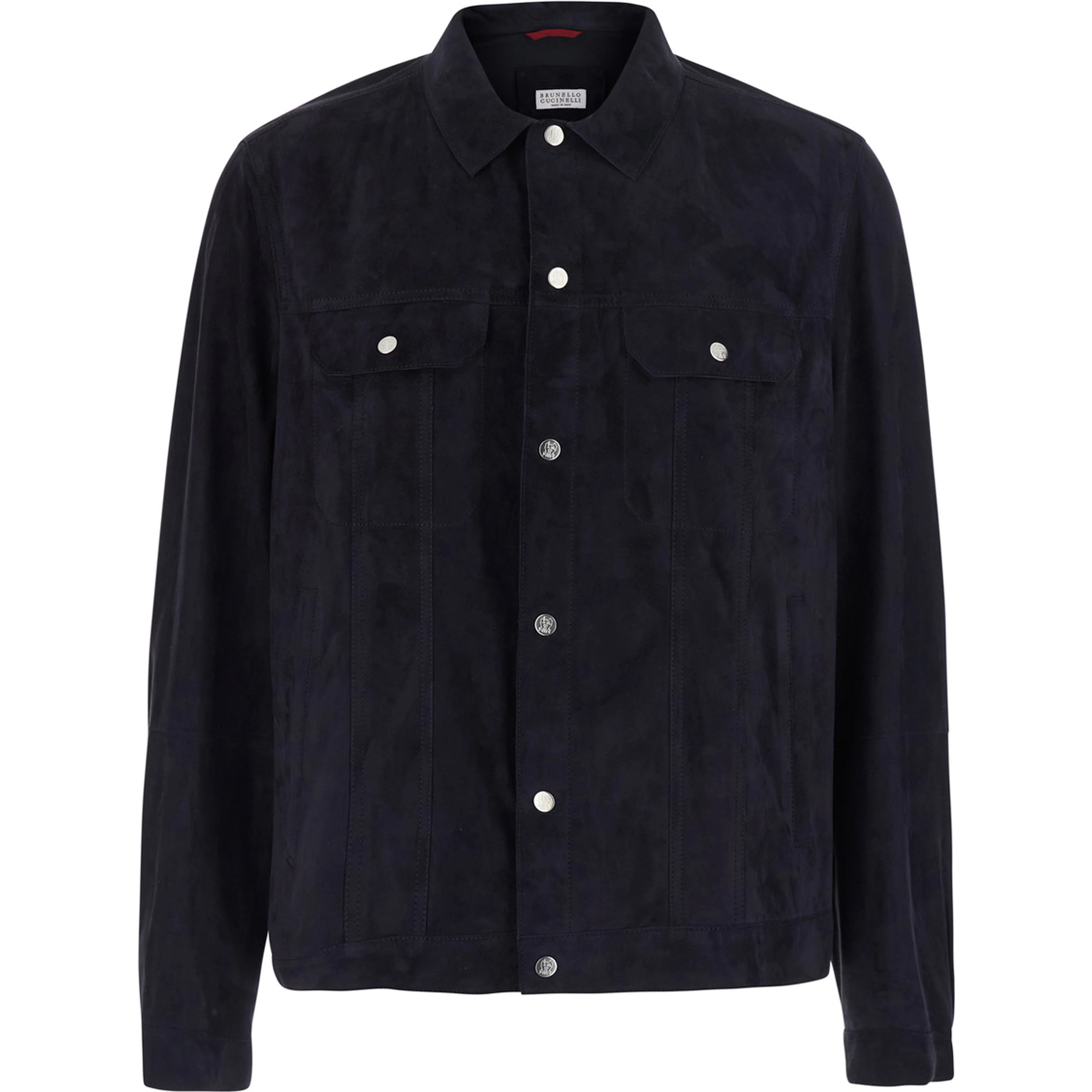 Blue Jacket with classic collar and front pockets in suede for men