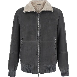 Gray Jacket with high collar and fur lining in leather for men