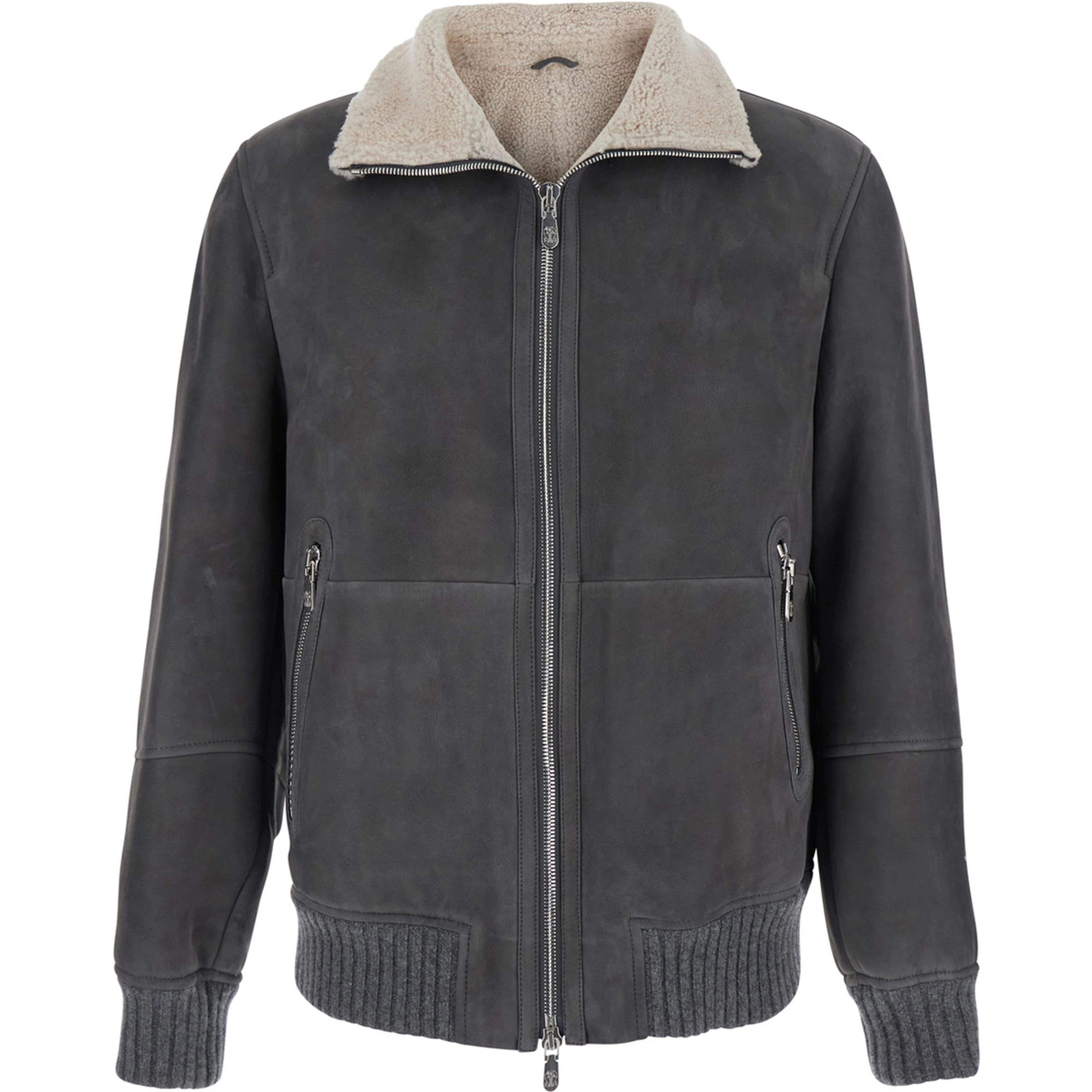 Gray Jacket with high collar and fur lining in leather for men