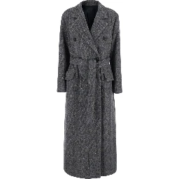 Gray Double-breasted coat with Notched revers and removable belt on the front in wool blend for women
