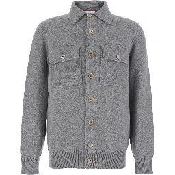 Grey Cardigan with classic collar and Patch pockets on the front in cashmere for men