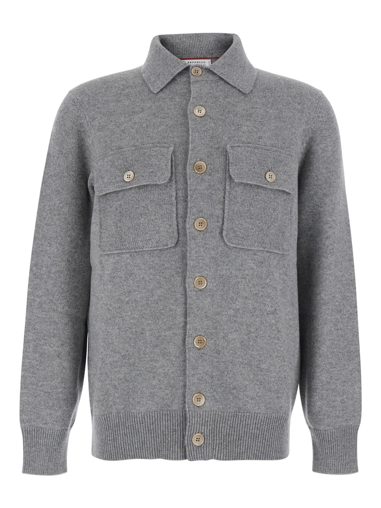 Grey Cardigan with classic collar and Patch pockets on the front in cashmere for men