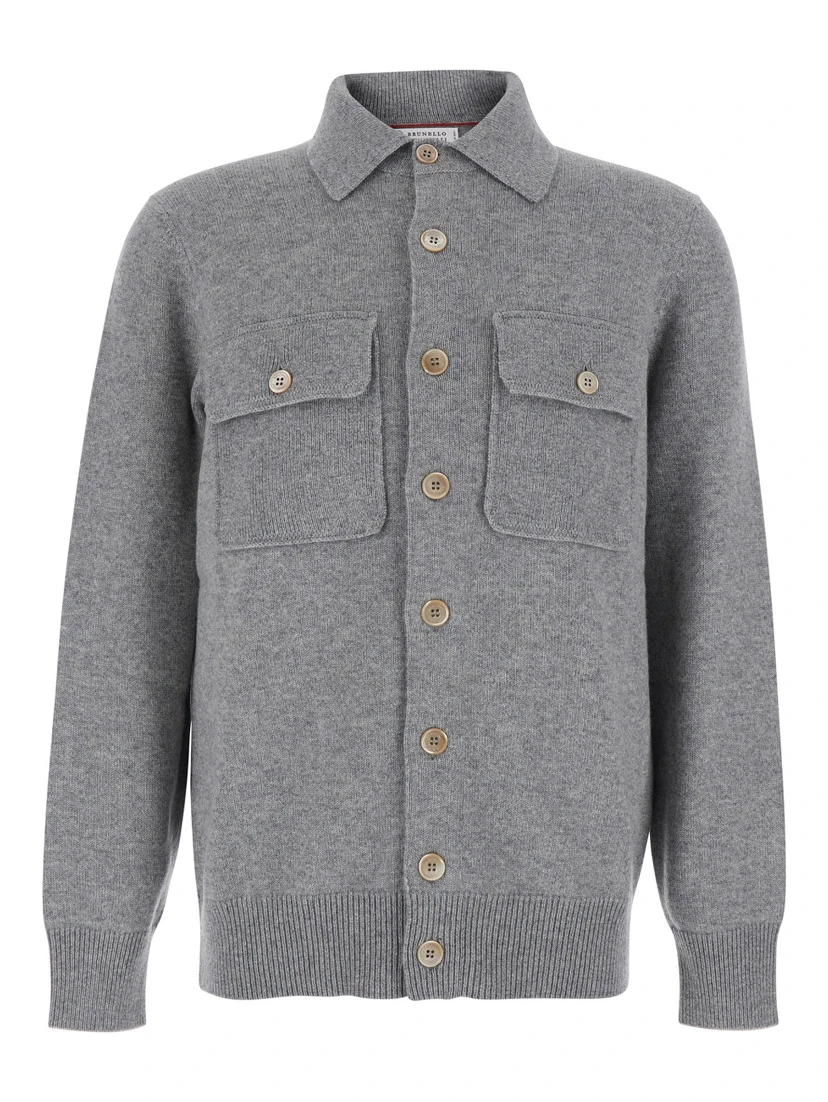 Grey Cardigan with classic collar and Patch pockets on the front in cashmere for men