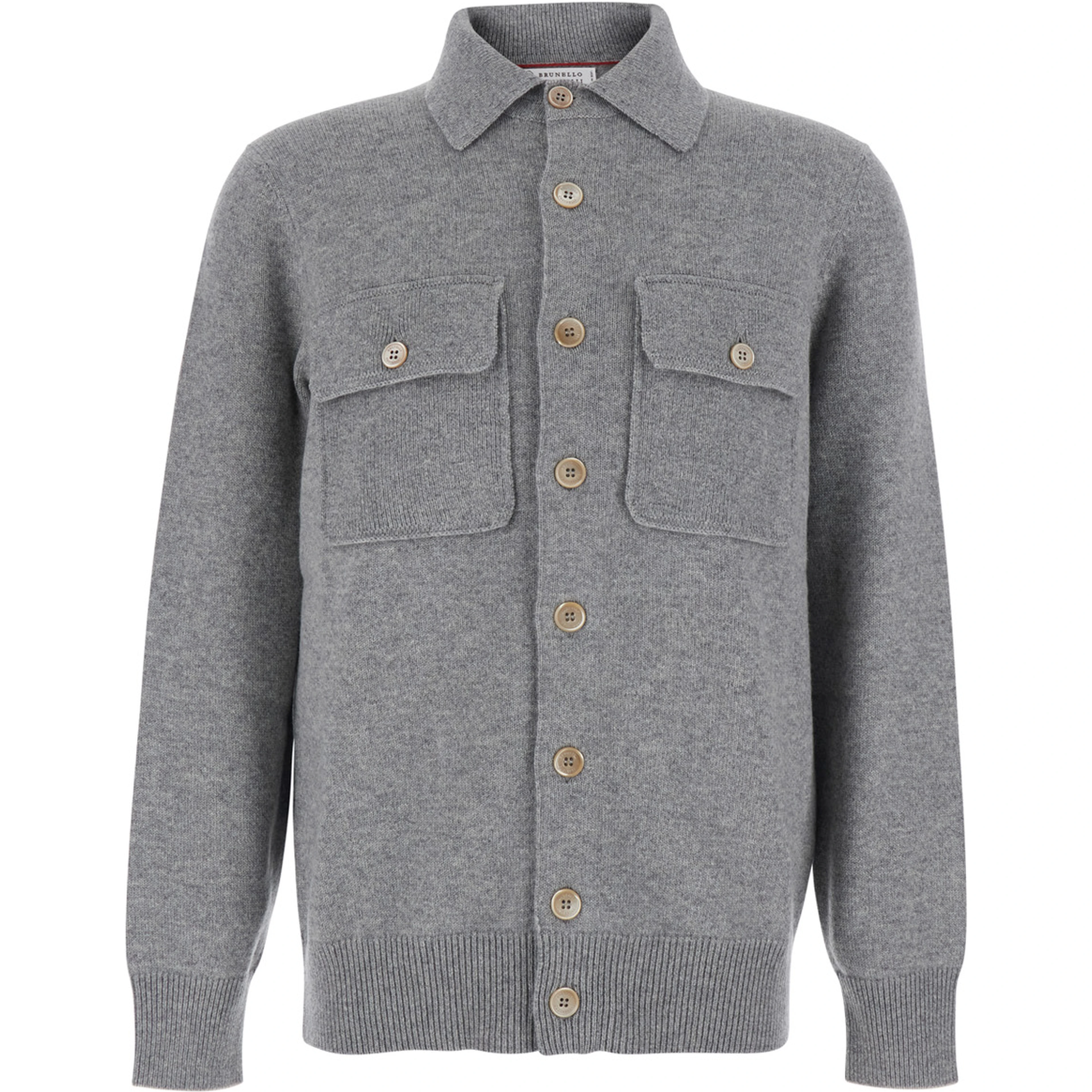 Grey Cardigan with classic collar and Patch pockets on the front in cashmere for men