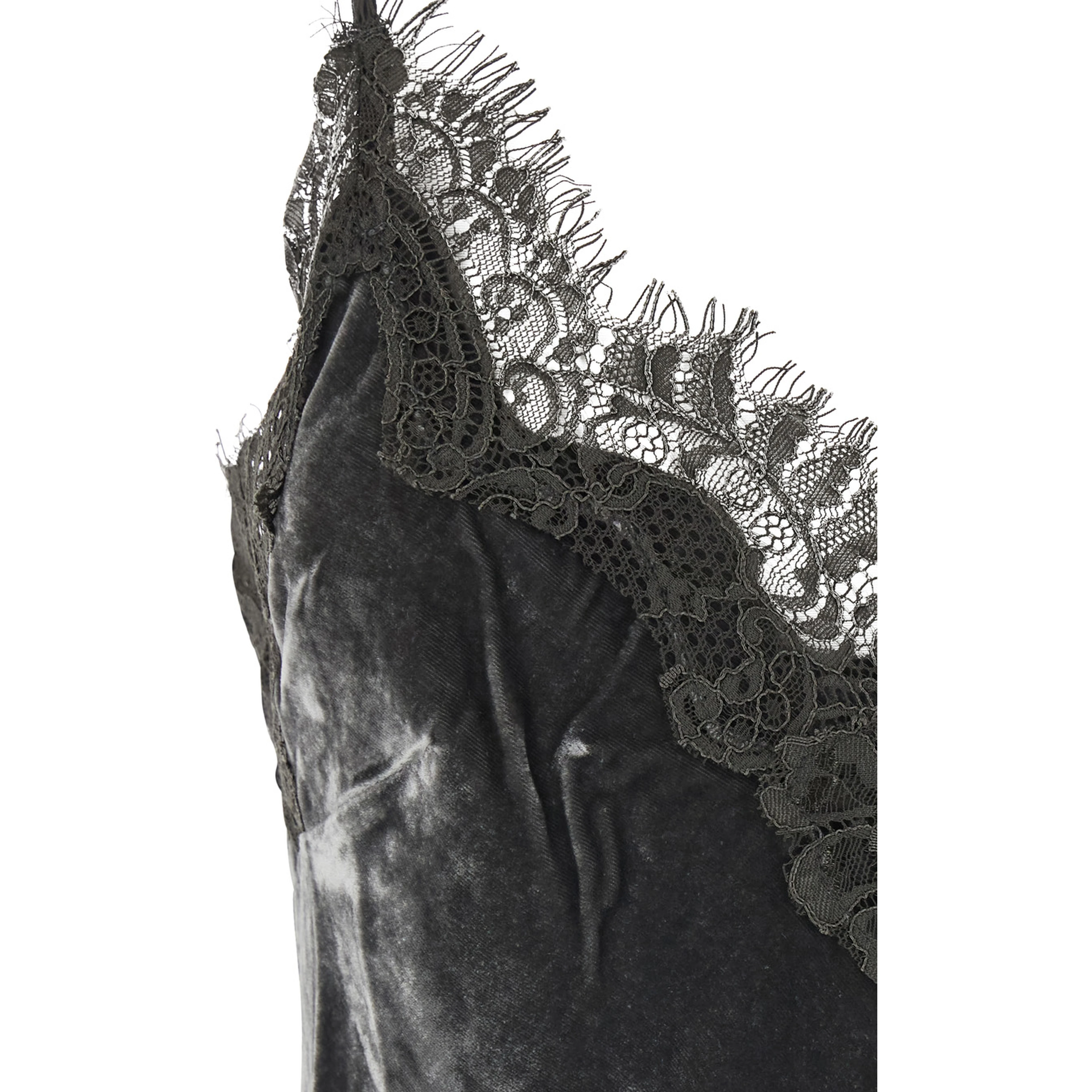 Dark grey V-neck top with lace details in velvet for women
