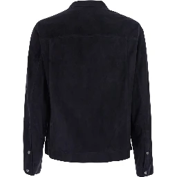 Blue Jacket with classic collar and front pockets in suede for men