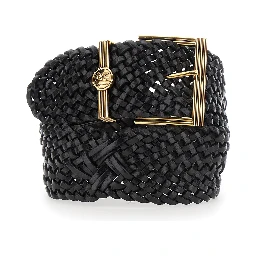 Black belt with woven design and Pegaso logo in leather for women