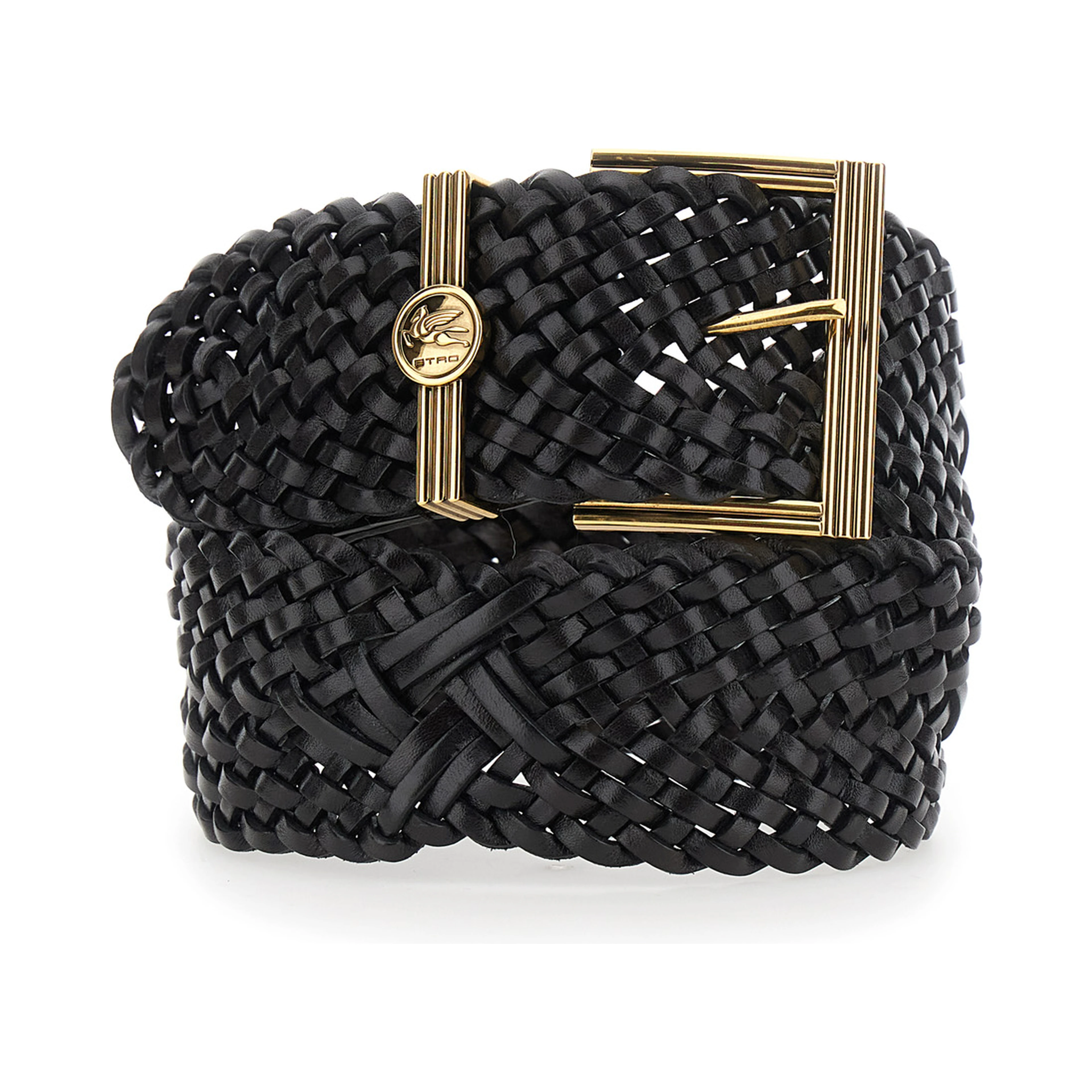 Black belt with woven design and Pegaso logo in leather for women