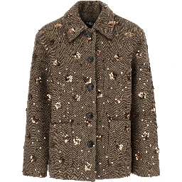 brown Short coat with Notched revers and all-over sequins in fabric and wool for women