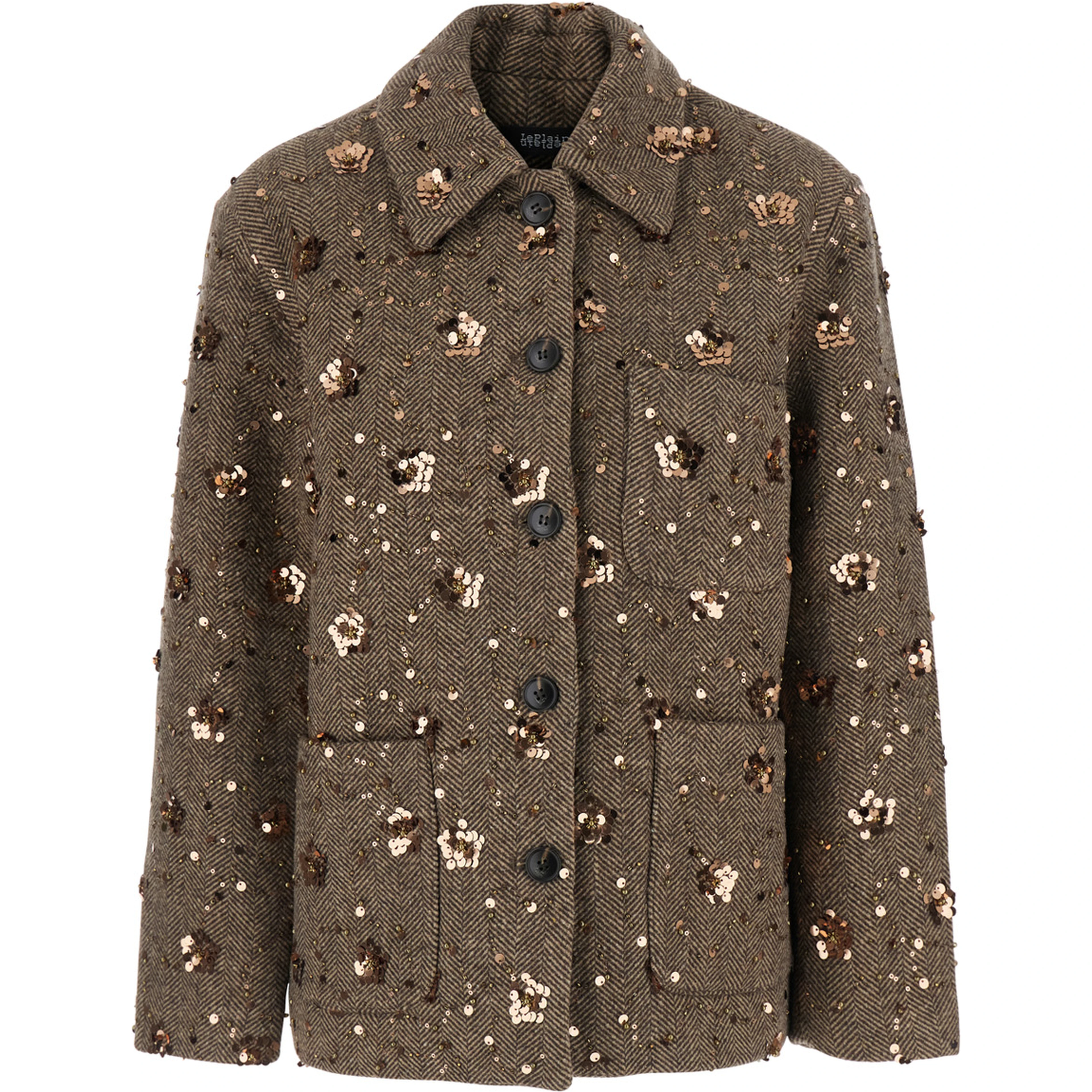 brown Short coat with Notched revers and all-over sequins in fabric and wool for women