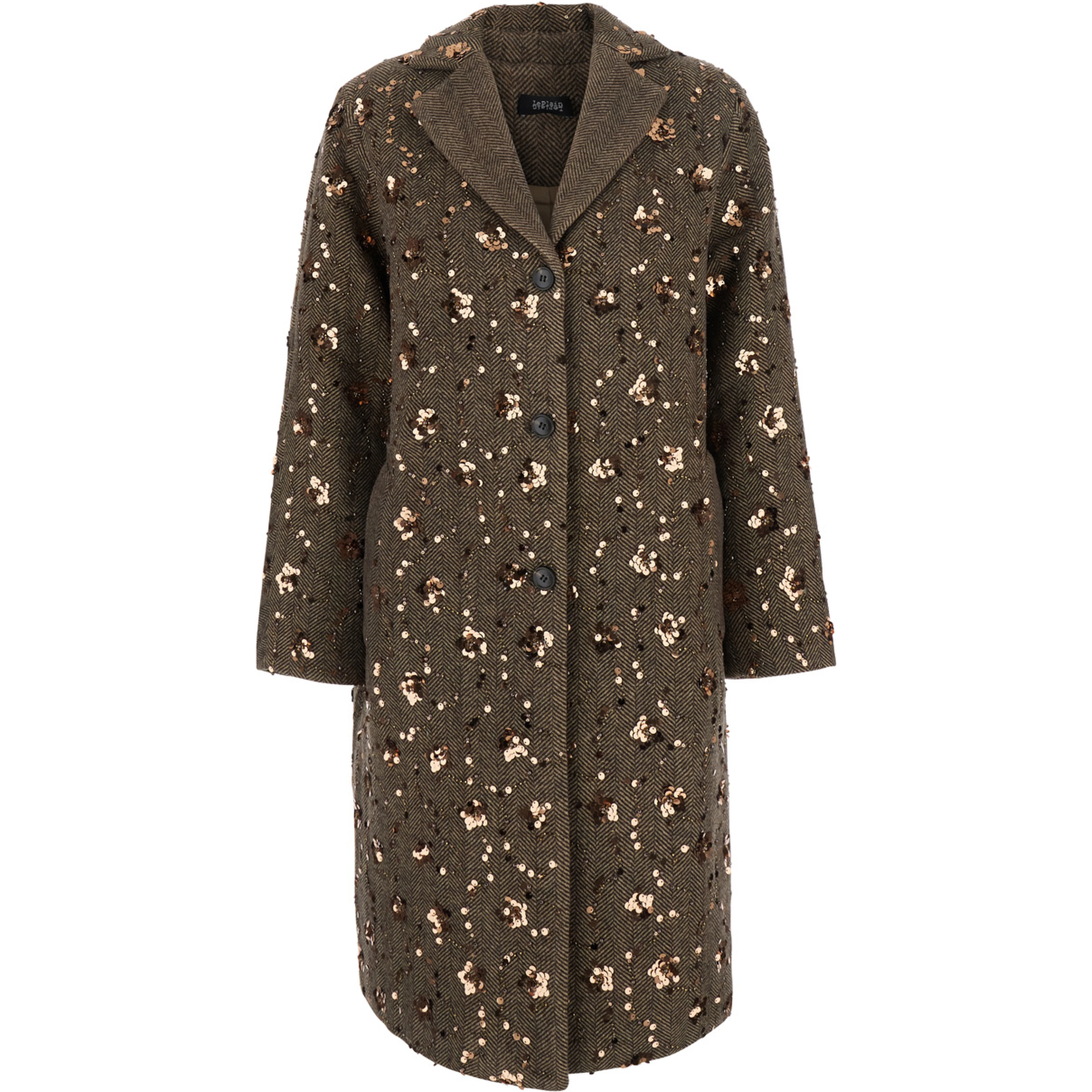 brown Coat with Notched revers and all-over sequins in fabric and wool for women