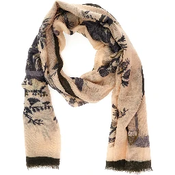Boheme beige Scarf with Logo lettering and all-over print in cotton and modal for women