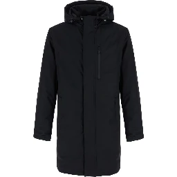 Black jacket with fixed hood and pockets in Tech Fabric men