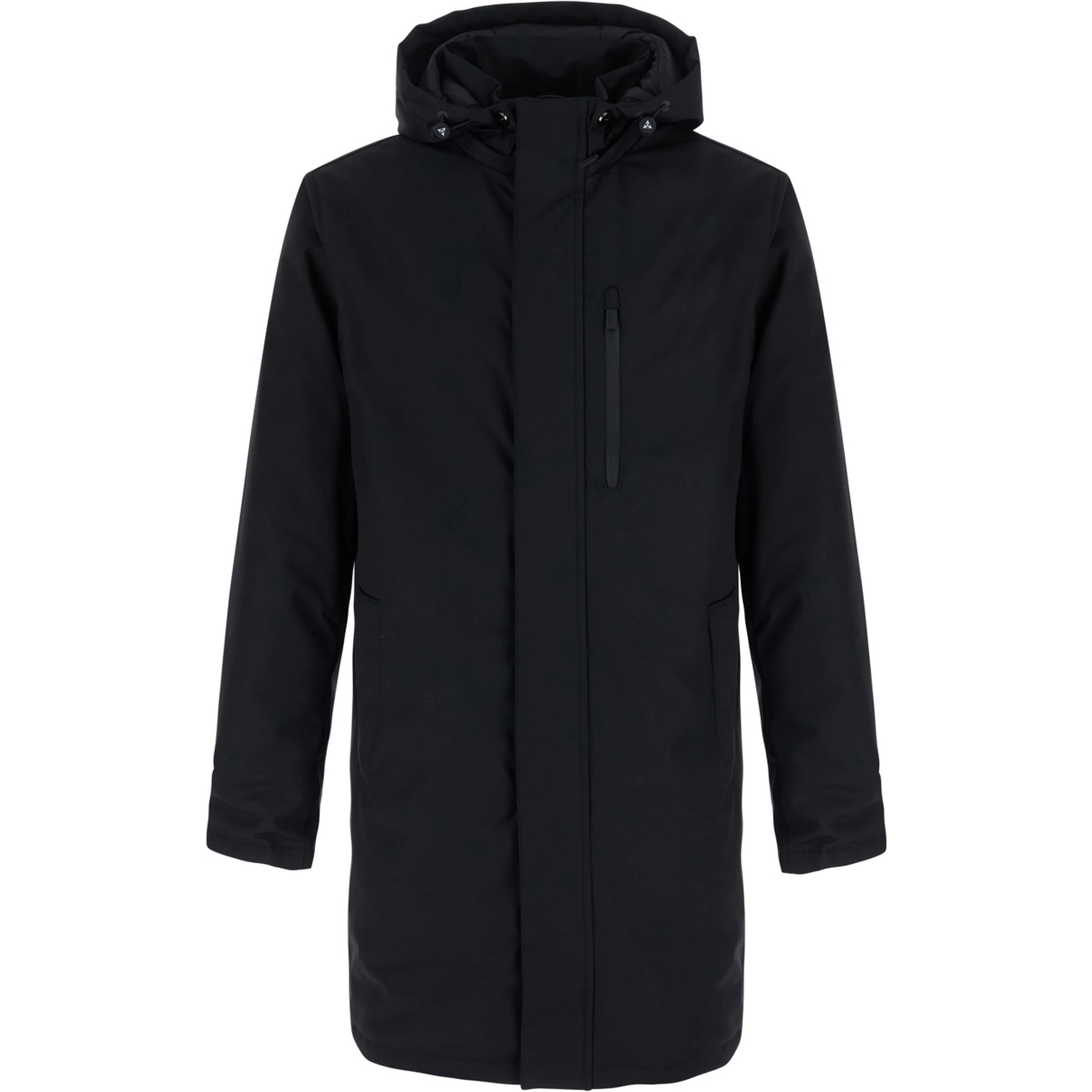 Black jacket with fixed hood and pockets in Tech Fabric men