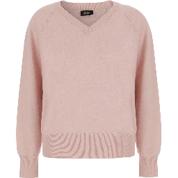 V NECK 12GG Sweater with V-neck and long sleeves in pink cashmere for women