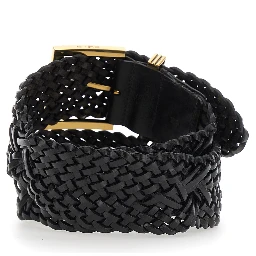 Black belt with woven design and Pegaso logo in leather for women