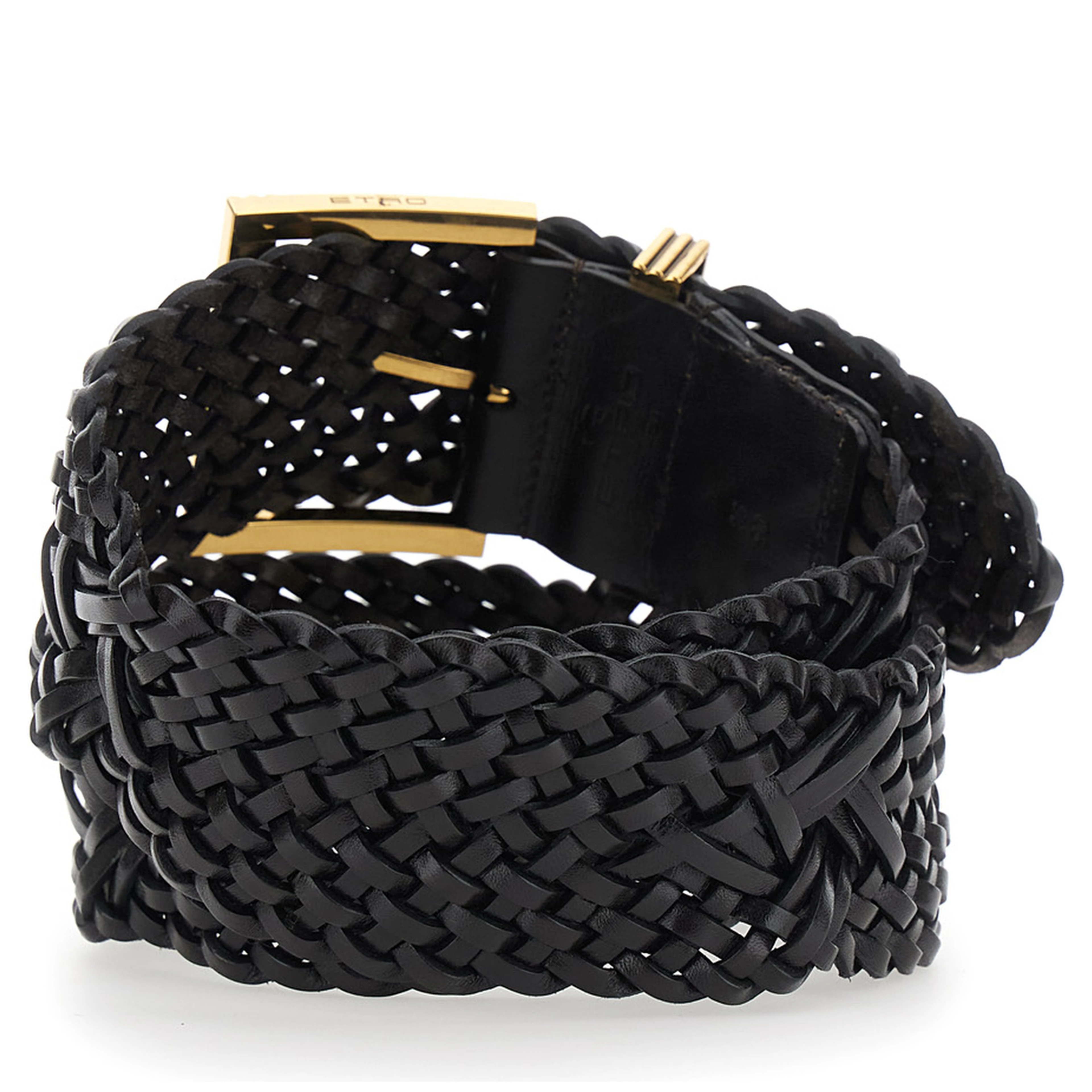 Black belt with woven design and Pegaso logo in leather for women