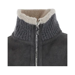 Gray Jacket with high collar and fur lining in leather for men