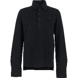 Black Long Sleeve Polo with Tone-on-Tone Orb in Cotton for Men