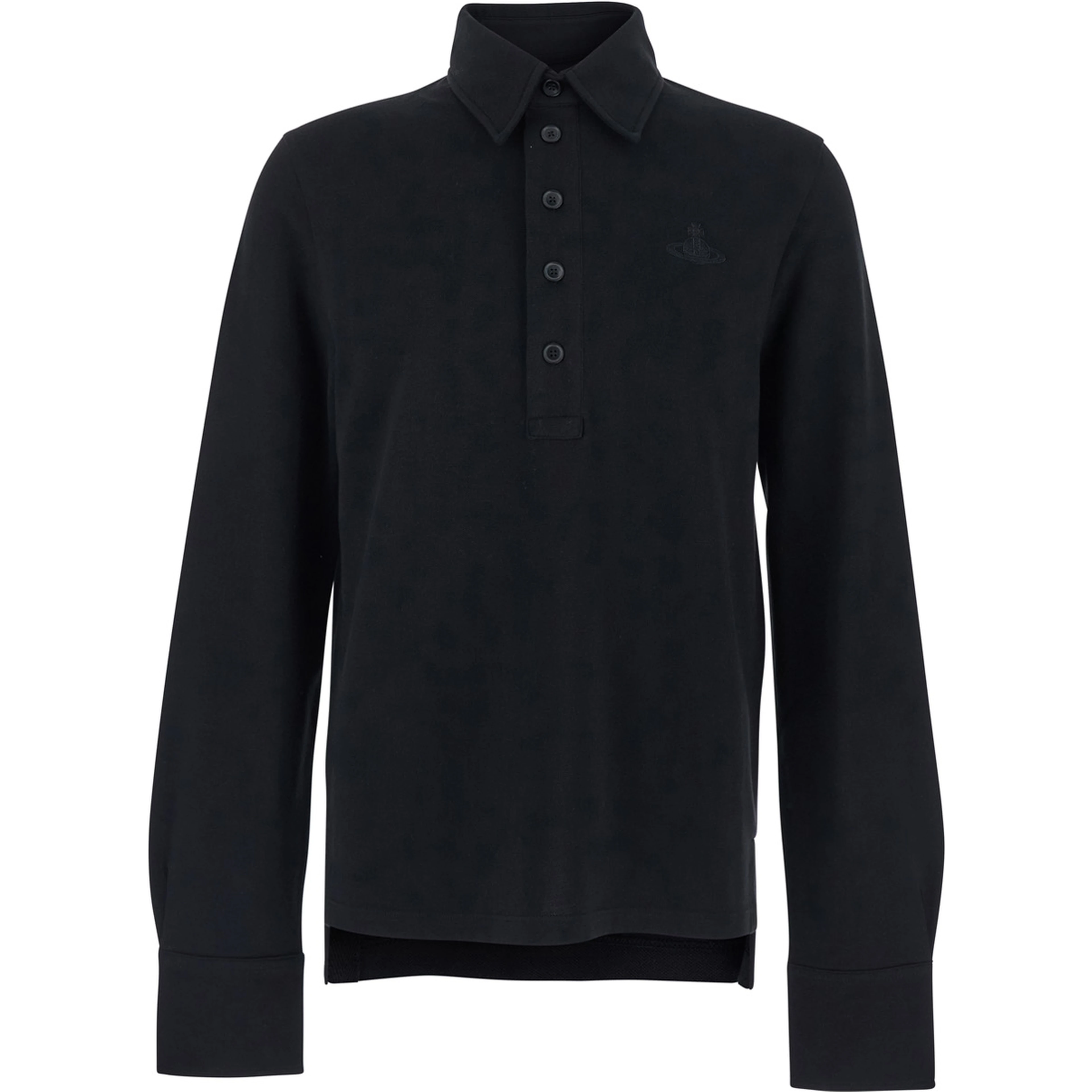 Black Long Sleeve Polo with Tone-on-Tone Orb in Cotton for Men
