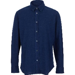 Blue Shirt with Classic Collar and Denim Effect in Cotton Man
