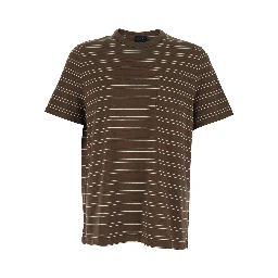 Brown Crew Neck T-Shirt with Striped Motif and Front Logo in Cotton Man