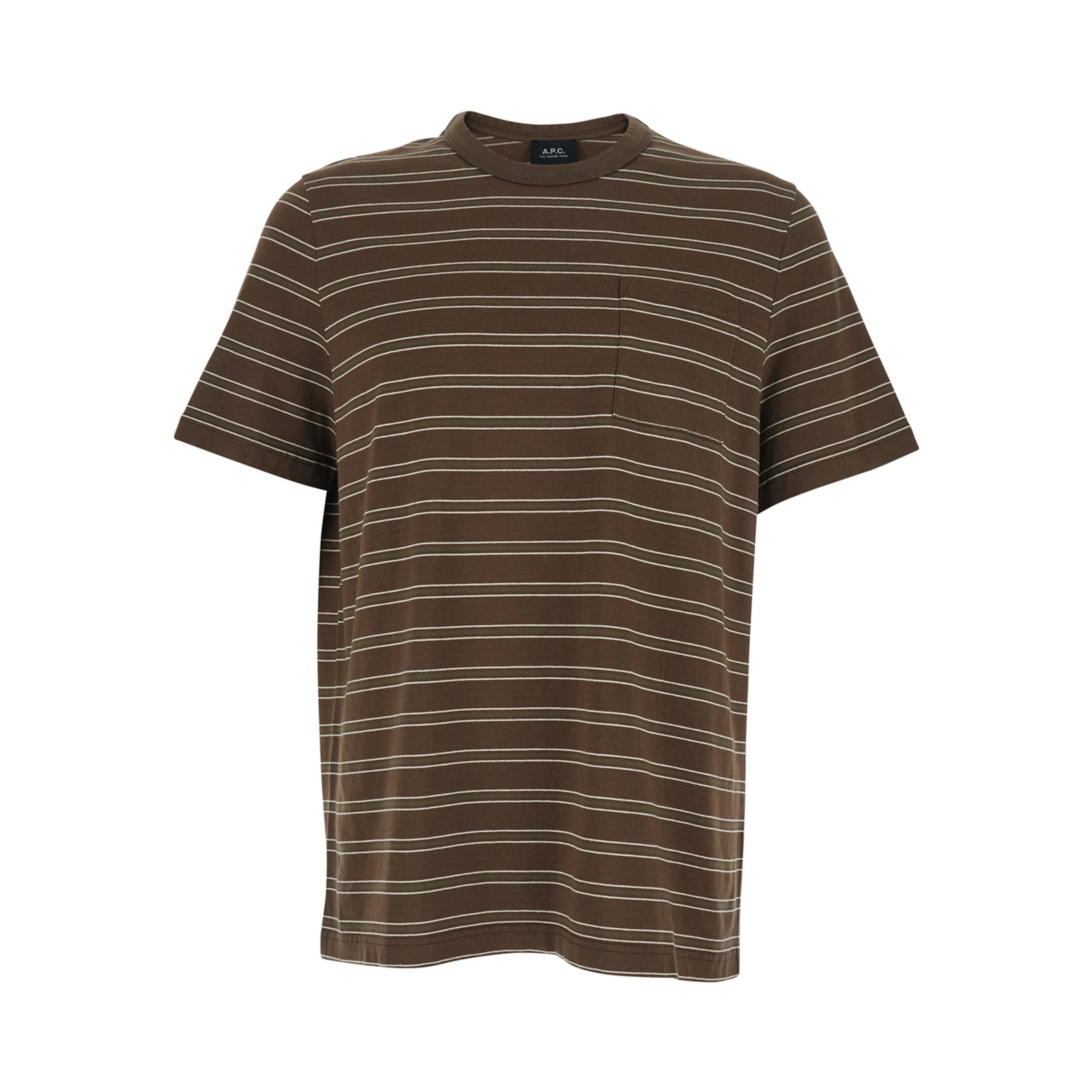 Brown Crew Neck T-Shirt with Striped Motif and Front Logo in Cotton Man