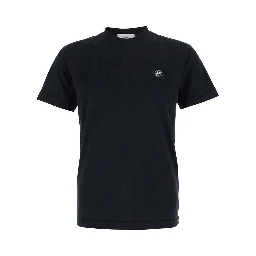 Black Crew Neck T-Shirt with Logo Patch on the Front in Cotton for Men