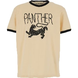 Crew Neck T-Shirt with Front Print in Beige Cotton for Men