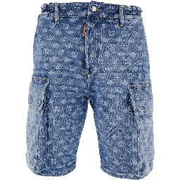 Blue Five-pocket bermuda shorts with all-over monogram logo and two cargo pockets in denim man