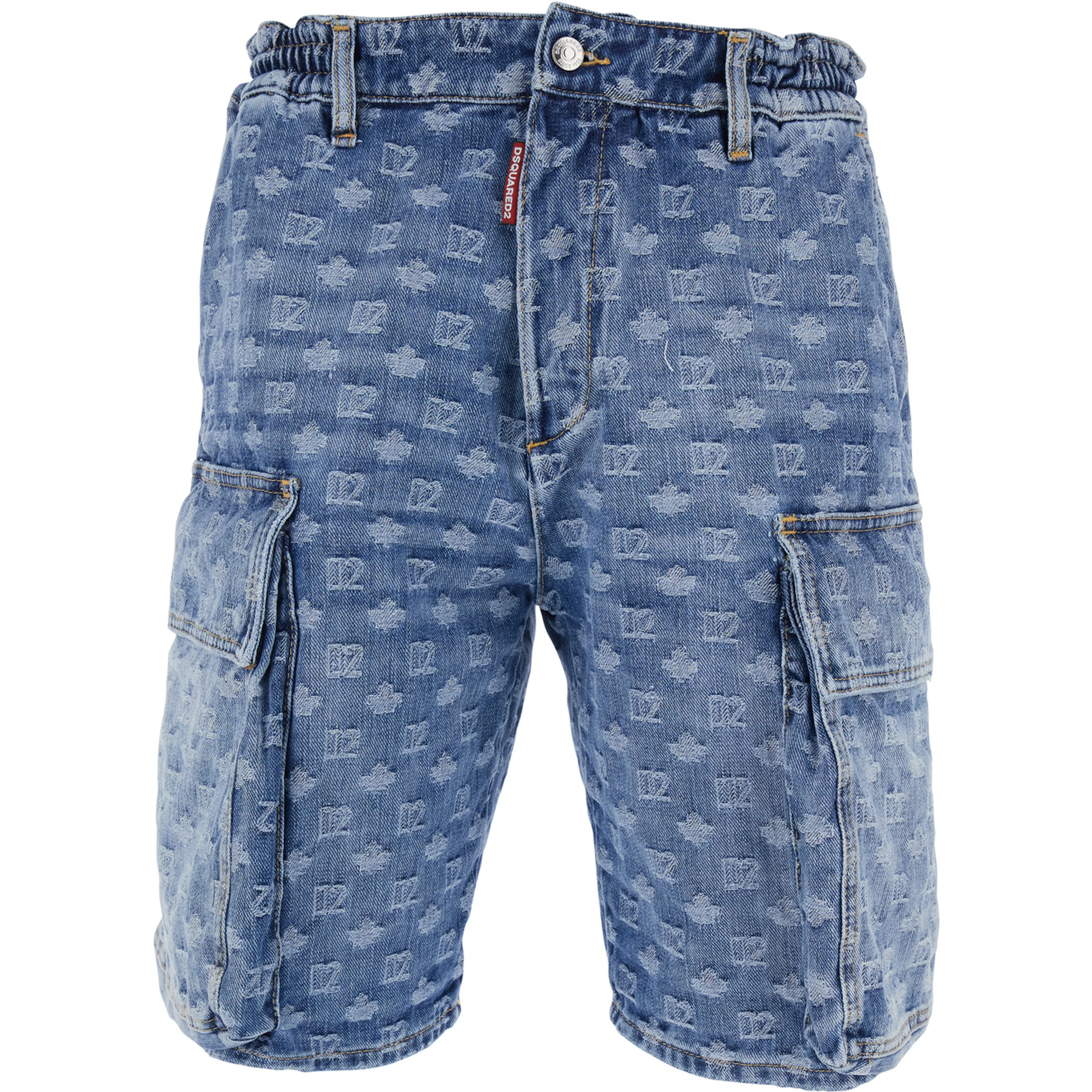 Blue Five-pocket bermuda shorts with all-over monogram logo and two cargo pockets in denim man