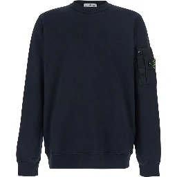 Blue Sweatshirt with Crewneck and Logo Patch on Sleeve in Cotton for Men