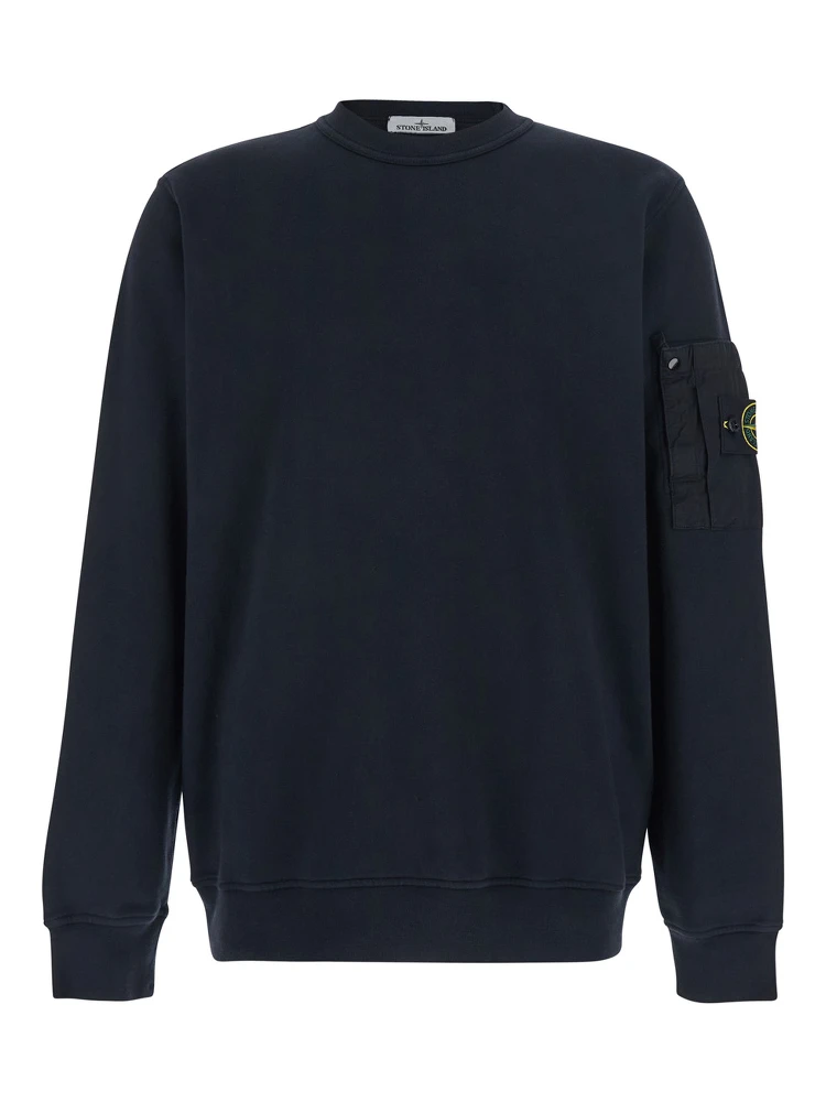 Blue Sweatshirt with Crewneck and Logo Patch on Sleeve in Cotton for Men