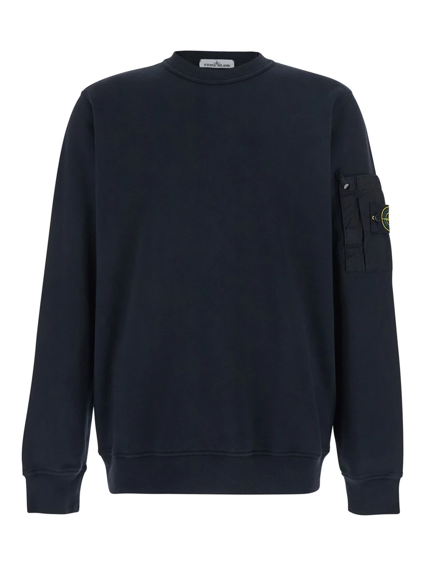 Blue Sweatshirt with Crewneck and Logo Patch on Sleeve in Cotton for Men