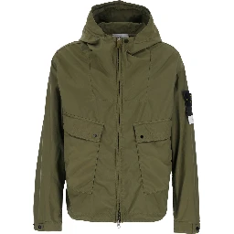 Green Hooded Jacket with Buttons and Logo Patch on Sleeve in Tech Fabric for Men
