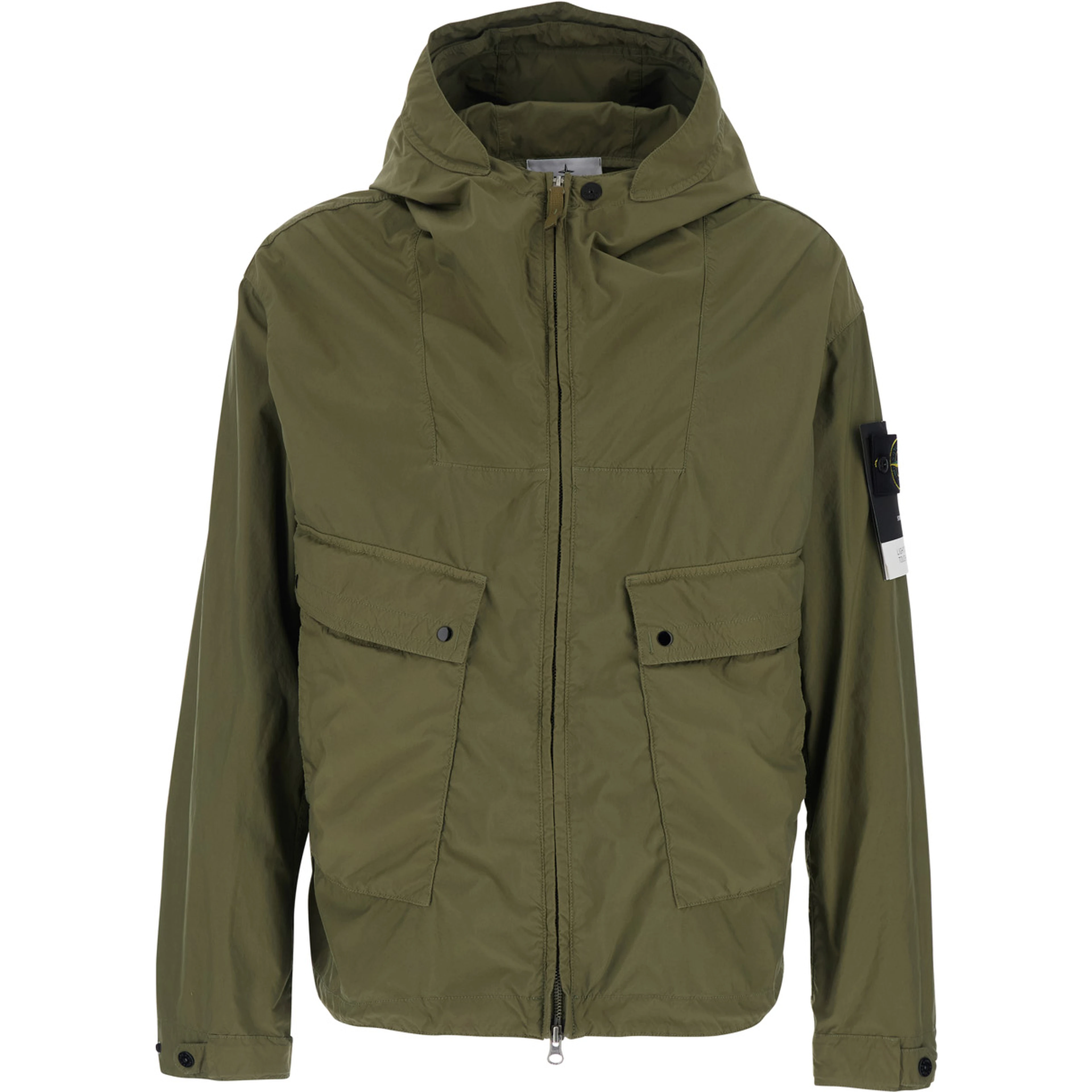 Green Hooded Jacket with Buttons and Logo Patch on Sleeve in Tech Fabric for Men