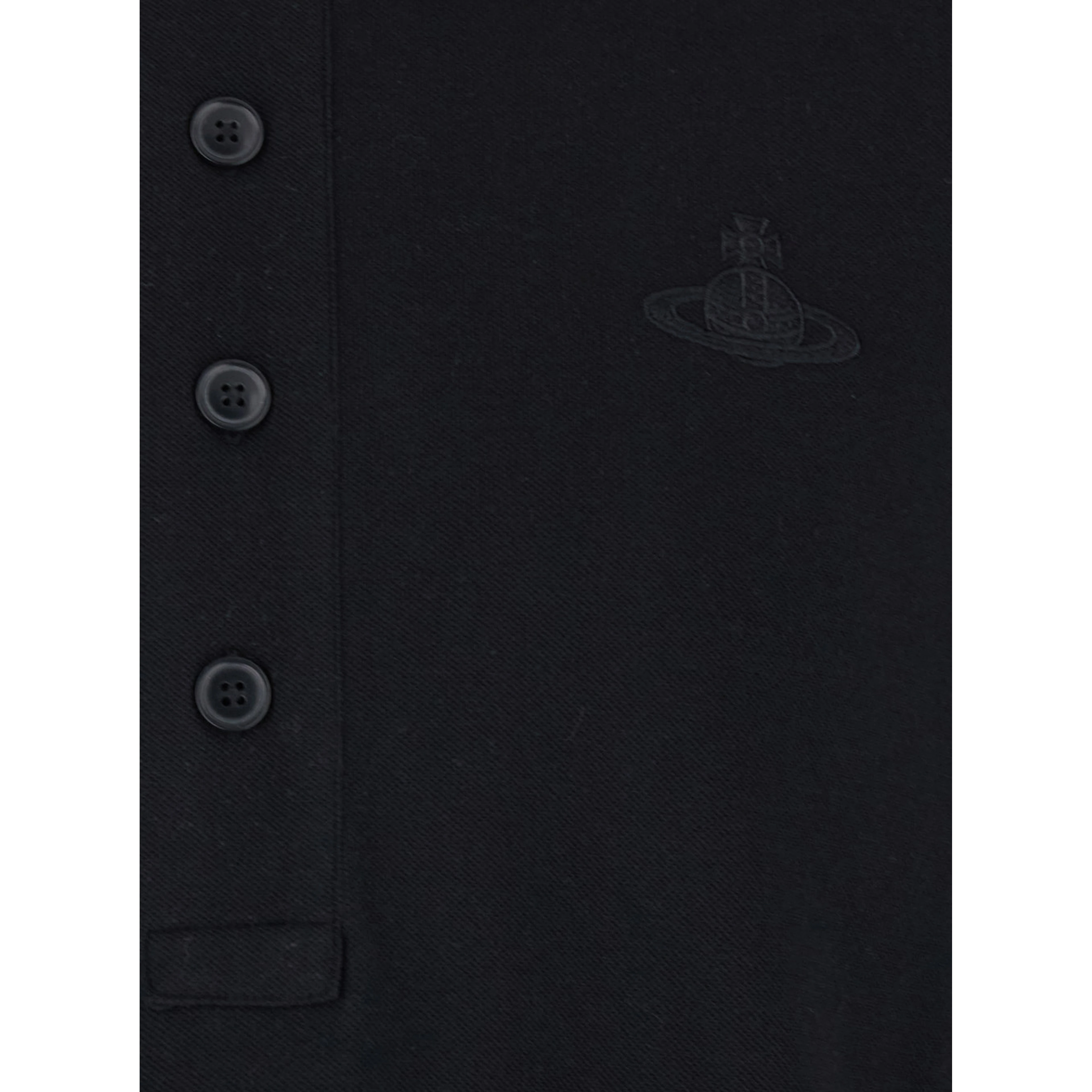 Black Long Sleeve Polo with Tone-on-Tone Orb in Cotton for Men