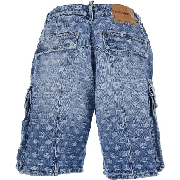 Blue Five-pocket bermuda shorts with all-over monogram logo and two cargo pockets in denim man
