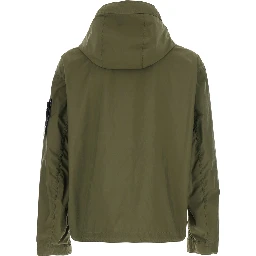 Green Hooded Jacket with Buttons and Logo Patch on Sleeve in Tech Fabric for Men