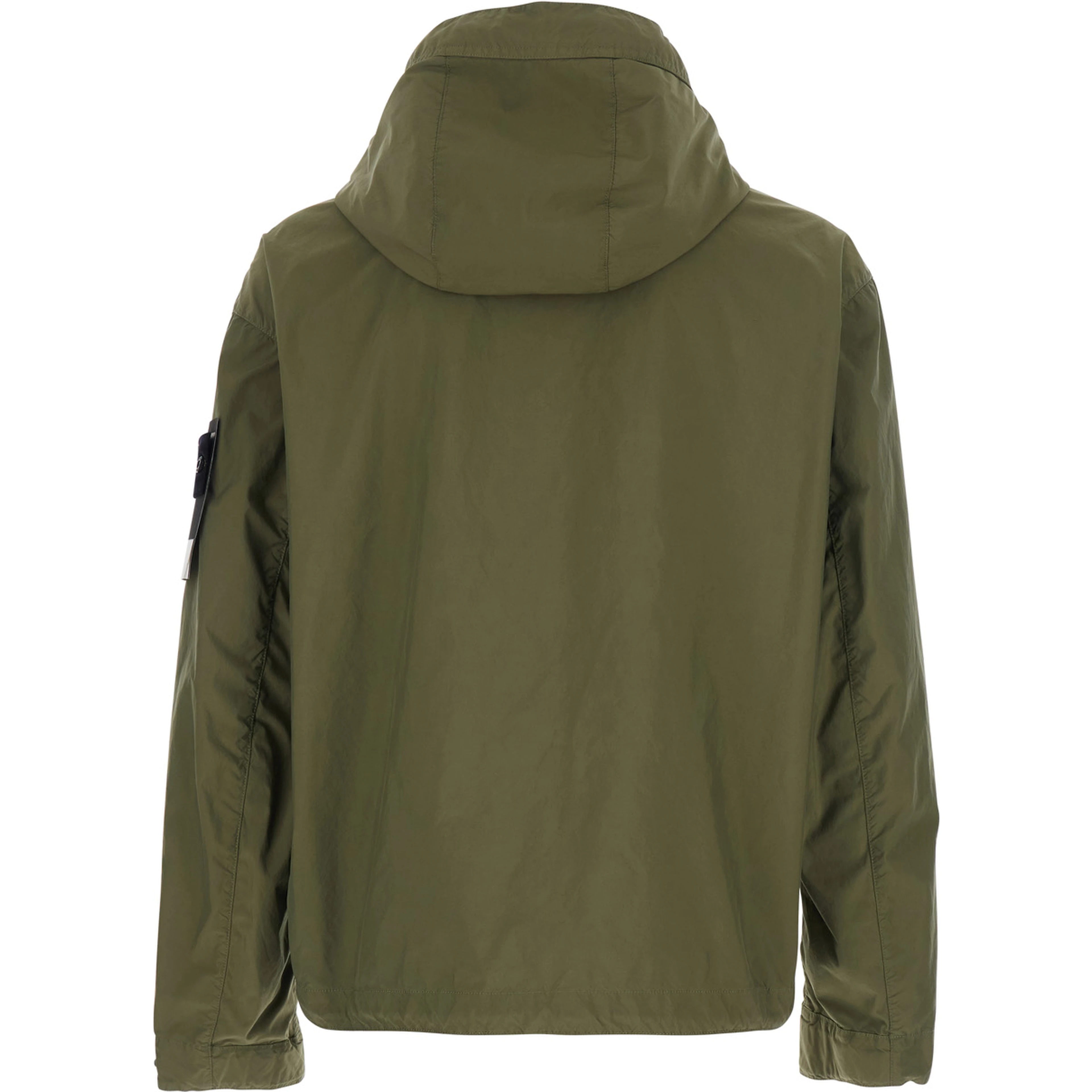 Green Hooded Jacket with Buttons and Logo Patch on Sleeve in Tech Fabric for Men