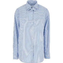 Blue Shirt with Double Collar and All-Over Striped Motif in Cotton for Women