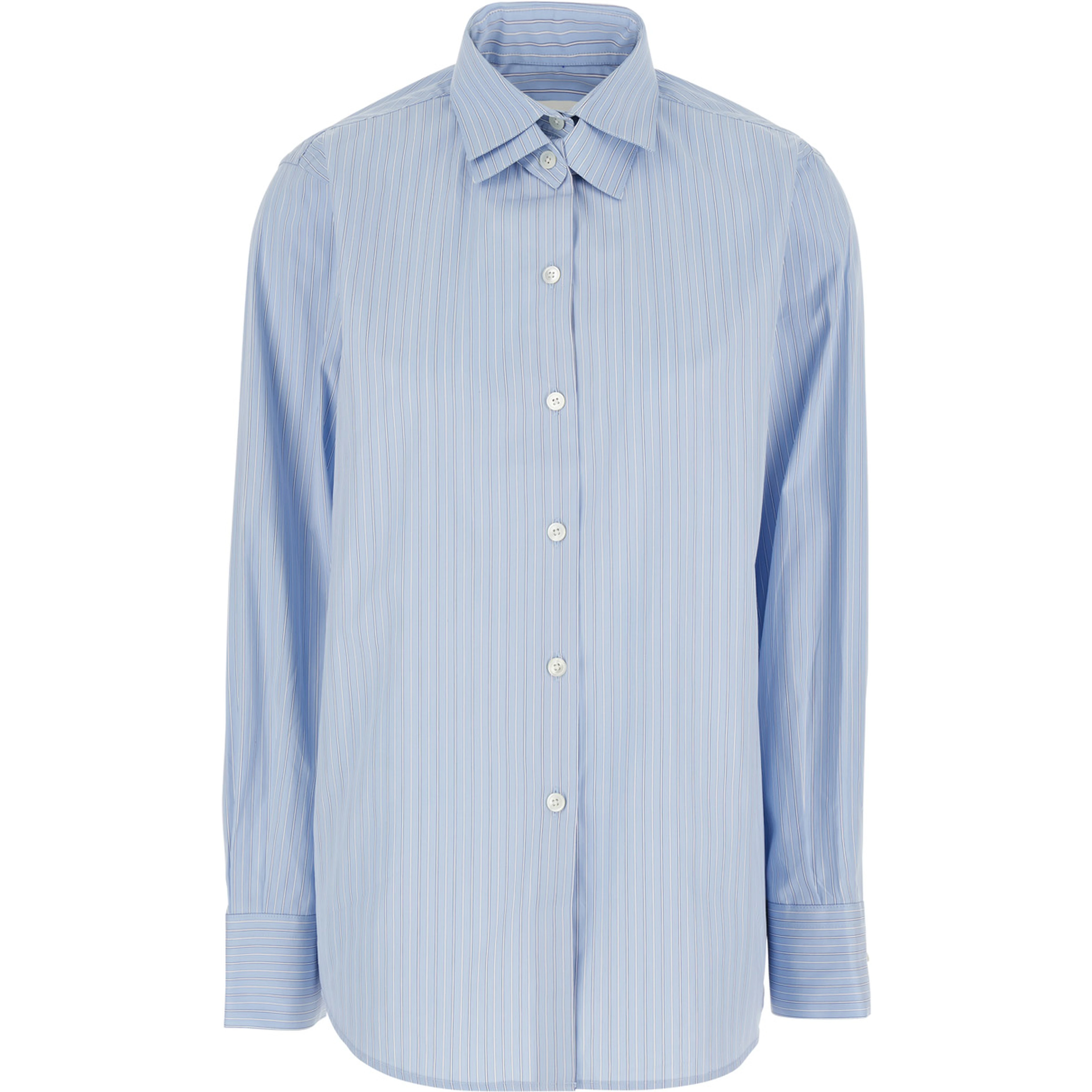 Blue Shirt with Double Collar and All-Over Striped Motif in Cotton for Women