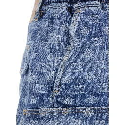Blue Five-pocket bermuda shorts with all-over monogram logo and two cargo pockets in denim man