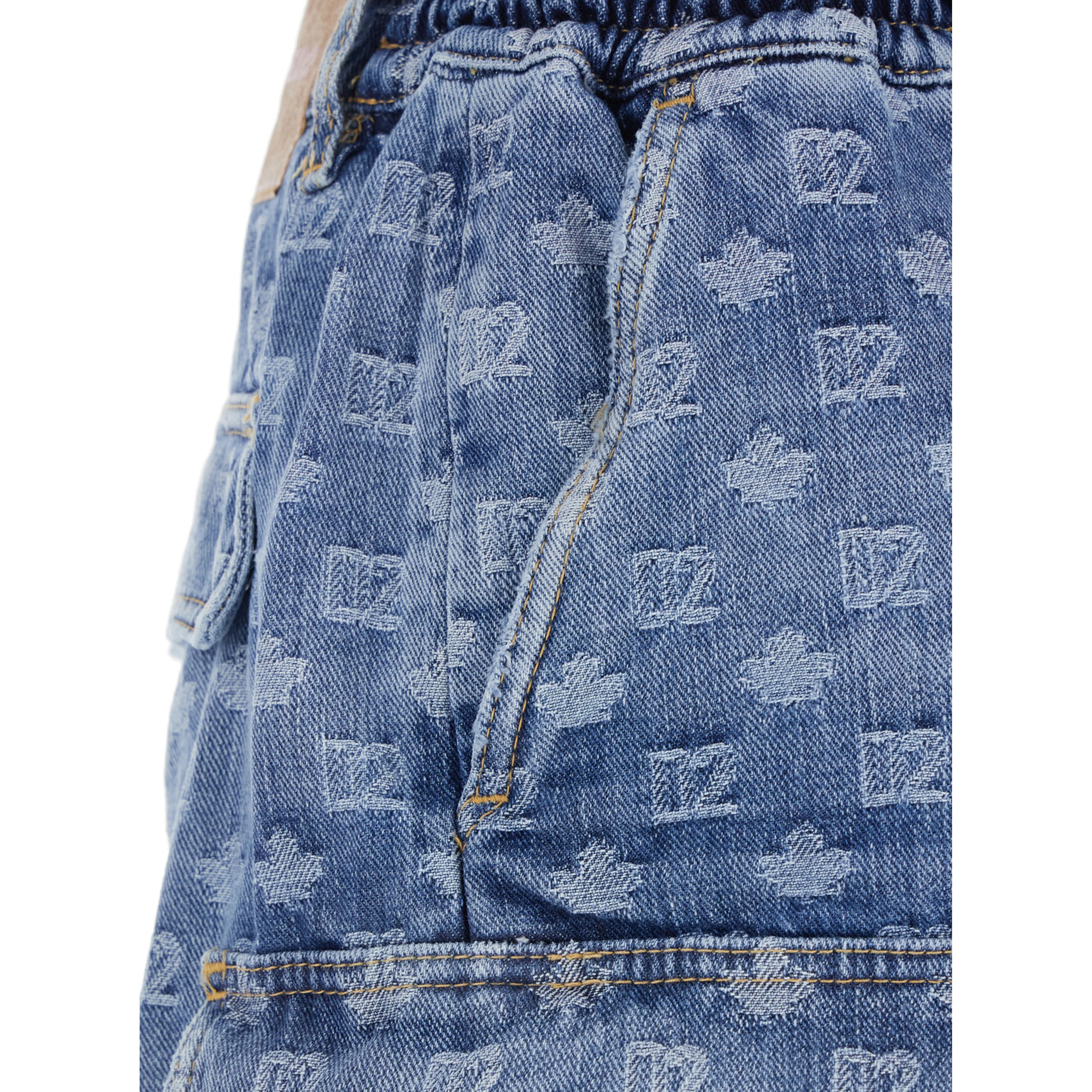 Blue Five-pocket bermuda shorts with all-over monogram logo and two cargo pockets in denim man