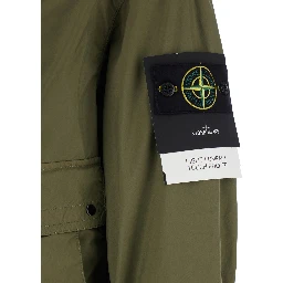 Green Hooded Jacket with Buttons and Logo Patch on Sleeve in Tech Fabric for Men
