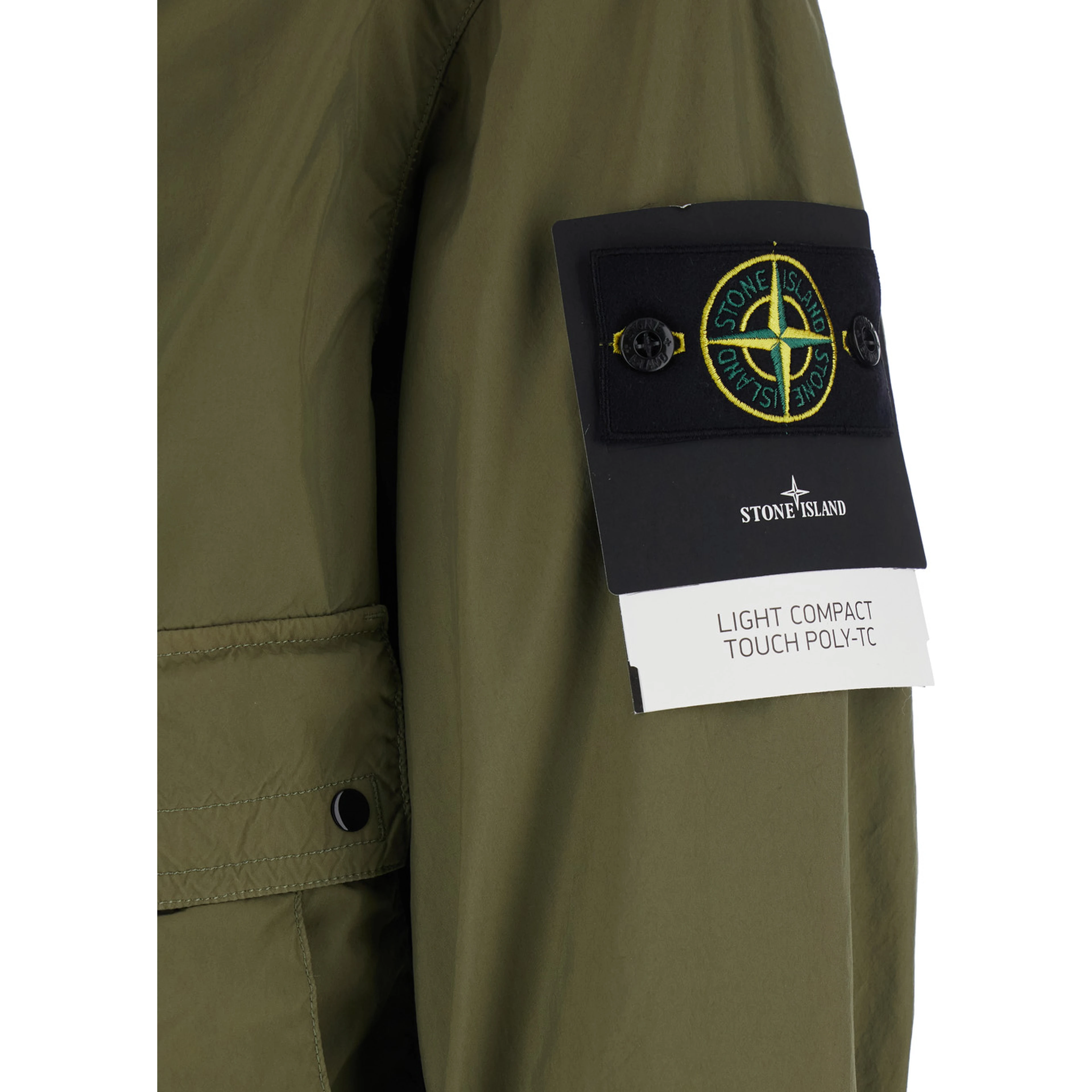 Green Hooded Jacket with Buttons and Logo Patch on Sleeve in Tech Fabric for Men